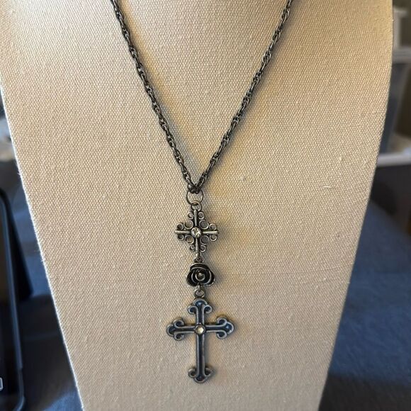 Gothic Cross Long Necklace with 2 Faceted Rhinestones. - Picture 1 of 5